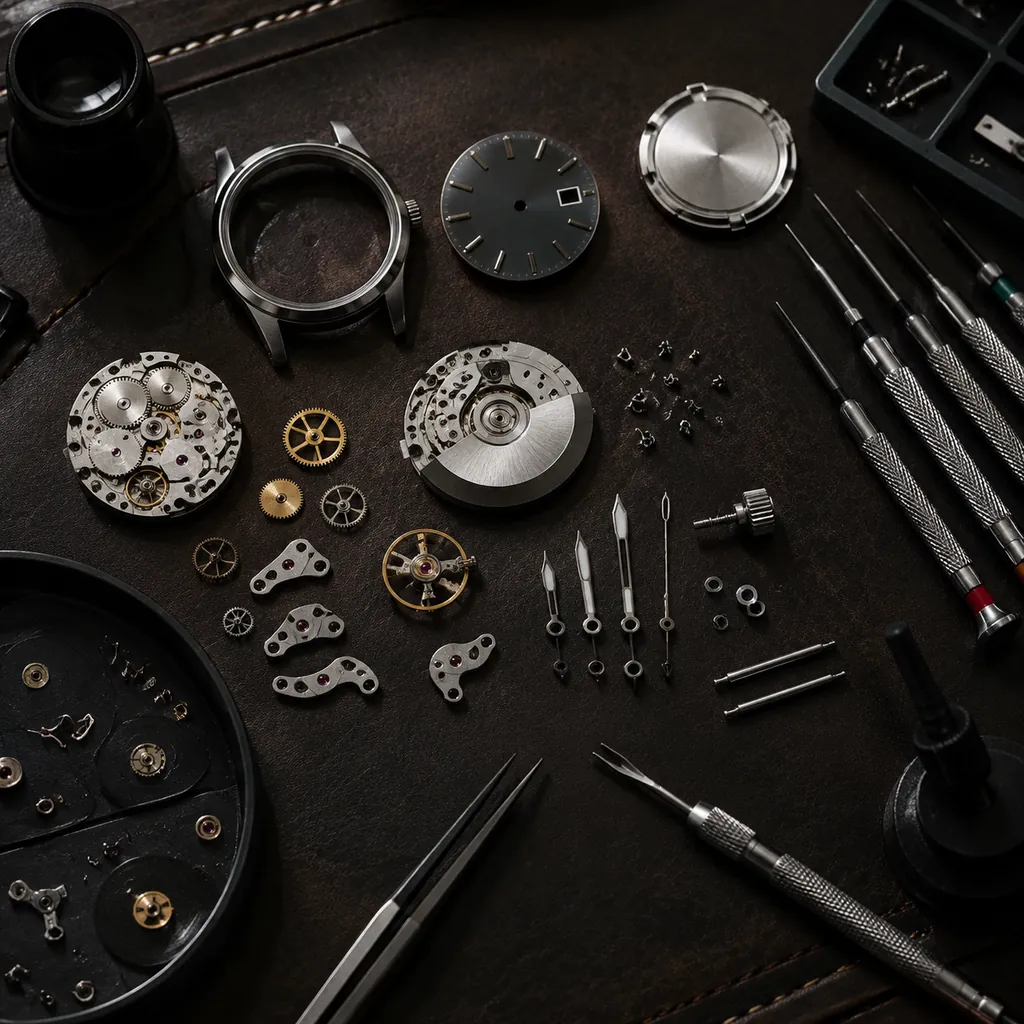 Watch components on a work mat